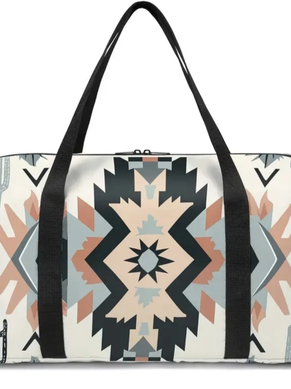 Patterned Canvas Duffel Bag - Cream, Black & Coral
